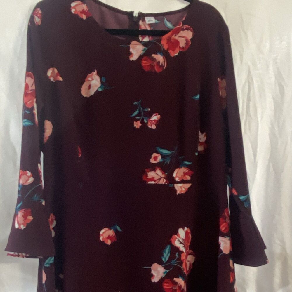 Old Navy Women's Burgundy Floral Ruffle Bell Sleeve Round Neck Zip Dress XL
